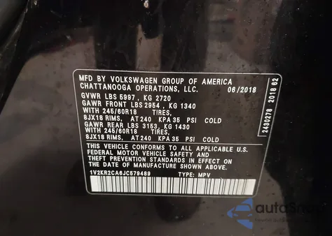 2018 Volkswagen Atlas 3.6L V6 Se z USA, uszkodzony, nr VIN 1V2KR2CA6JC579489